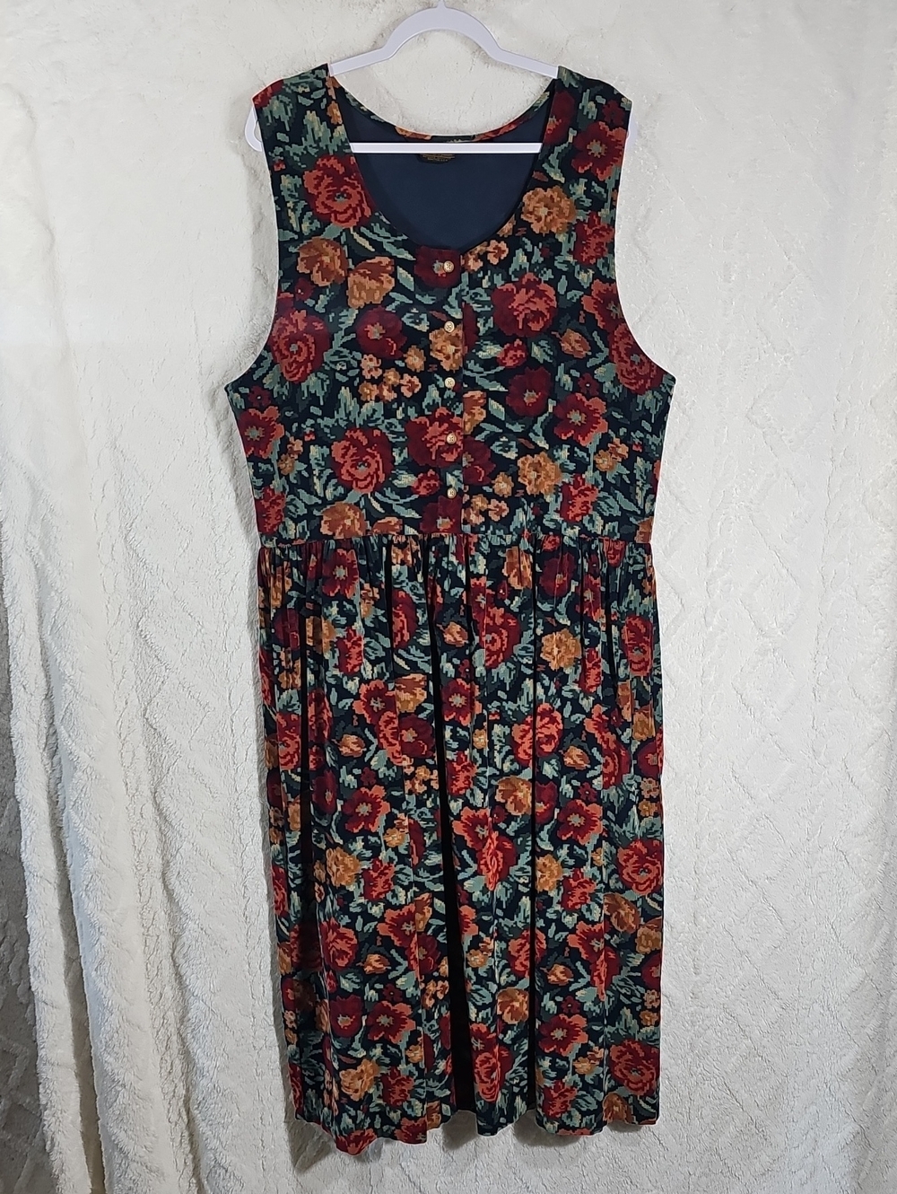 Eddie Bauer Jumper Dress • Size XL • Corduroy • Flower Design • Vintage